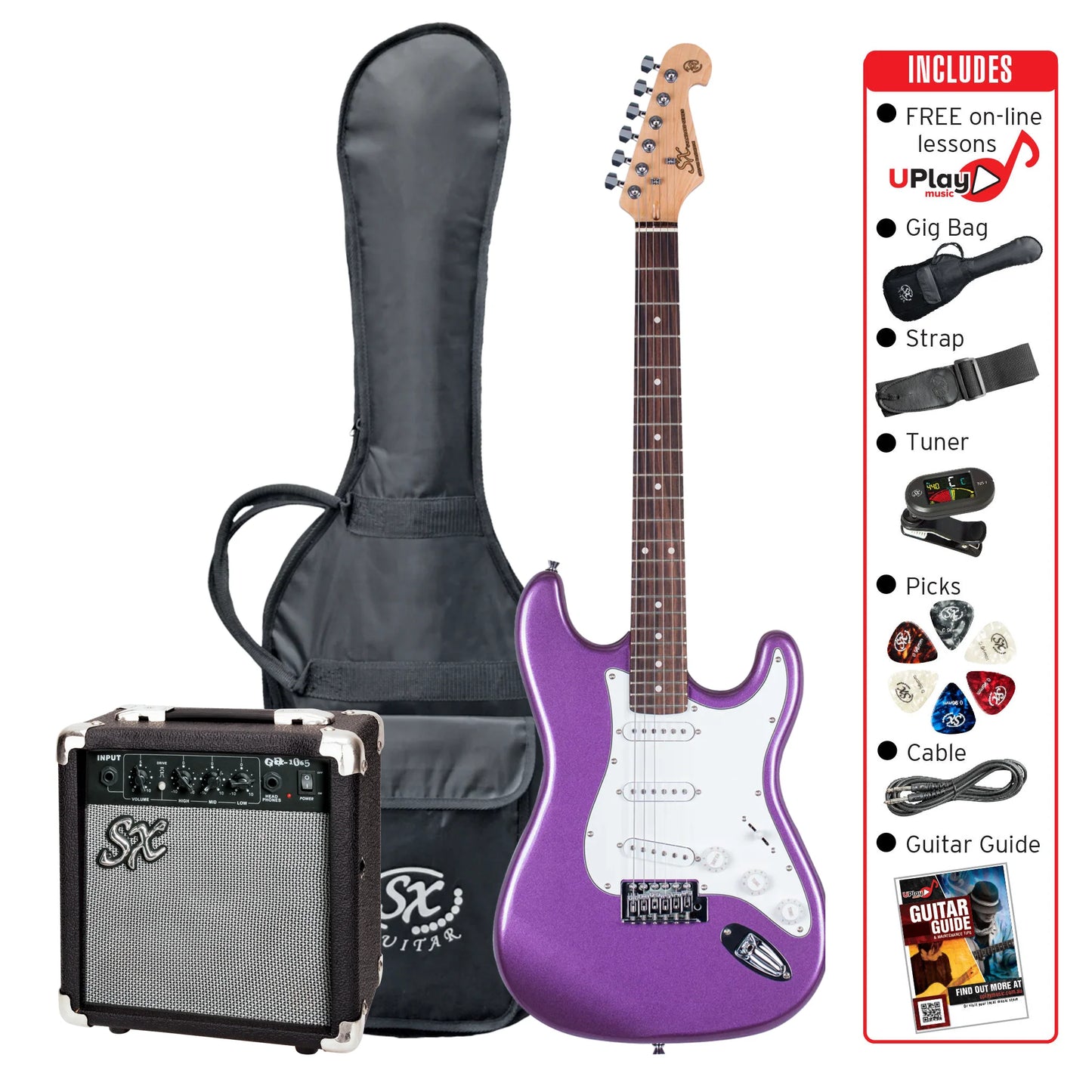 SX SE1SKMP Stratocaster-Style Full-Sized Right-Handed Electric Guitar Pack in Metallic Purple