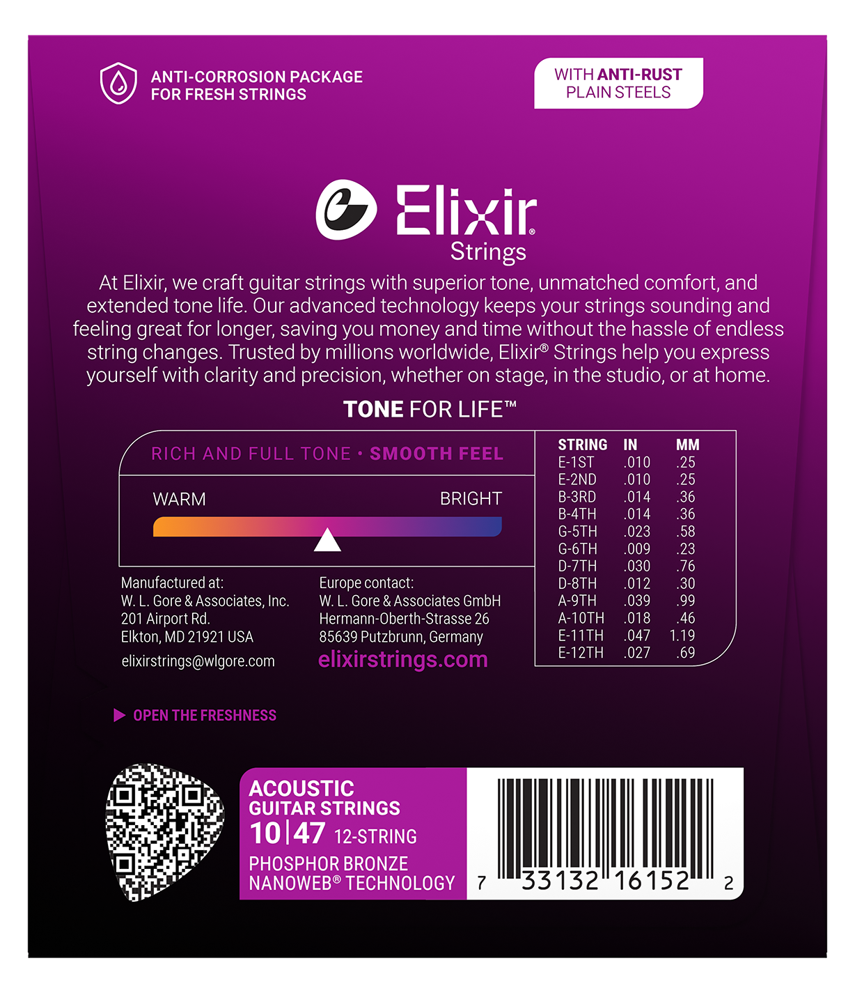 Elixir E16152 Nanoweb Phosphor Bronze Acoustic 12 String Guitar Set - Light 10-47