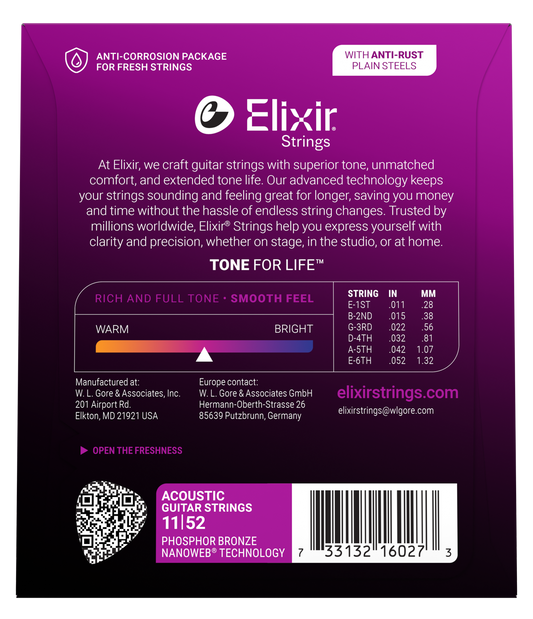 Elixir Nanoweb Phosphor Bronze Acoustic Guitar Strings E16027 Custom Light (11-52)