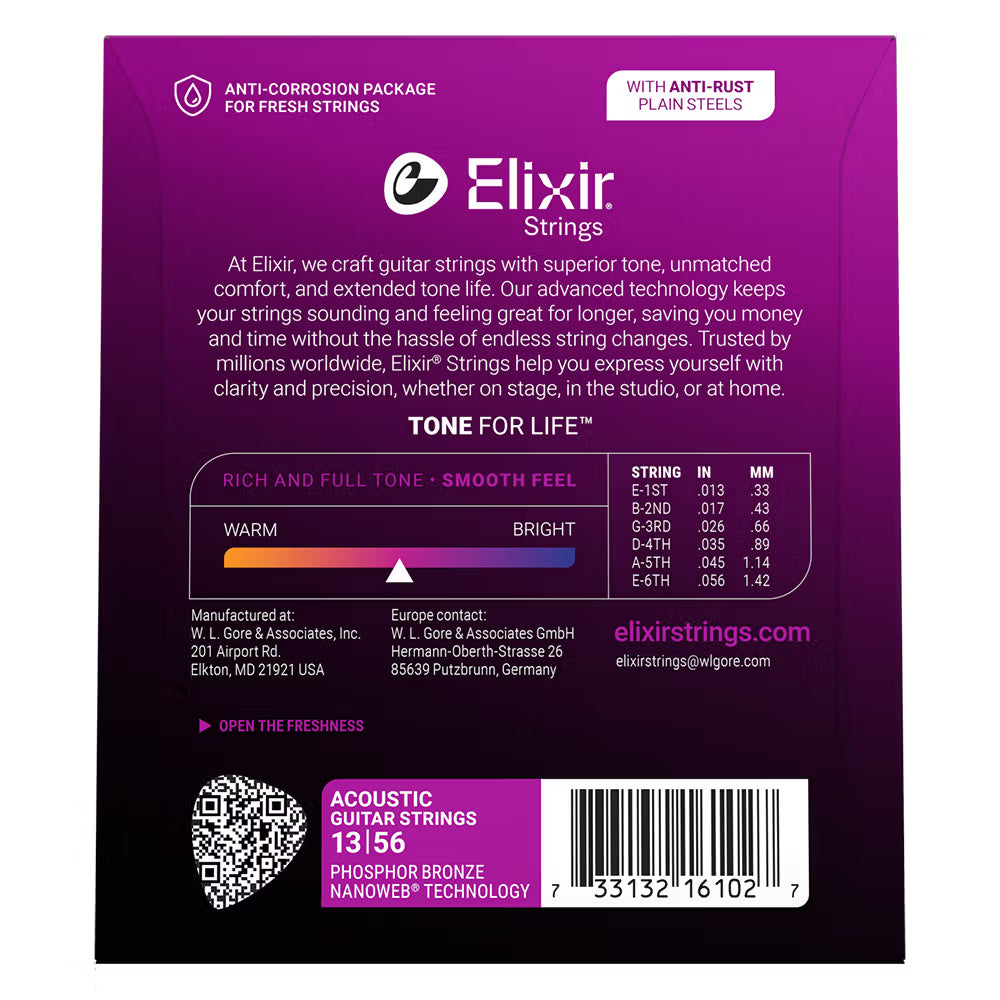 Elixir Nanoweb 80/20 Bronze Acoustic Guitar Strings E11102 Medium (13–56)