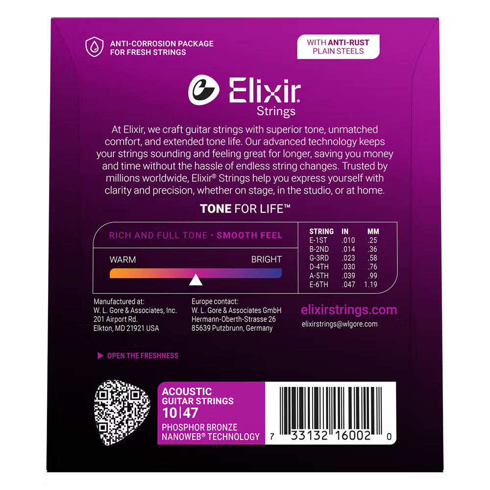 Elixir Nanoweb Phosphor Bronze Acoustic Guitar Strings E16002 Extra Light (10-47)
