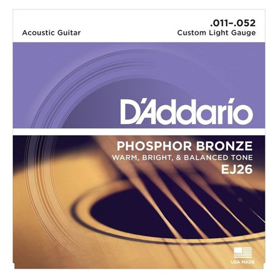 D'Addario Phosphor Bronze Acoustic Guitar Strings EJ26 Custom Light (11-52)