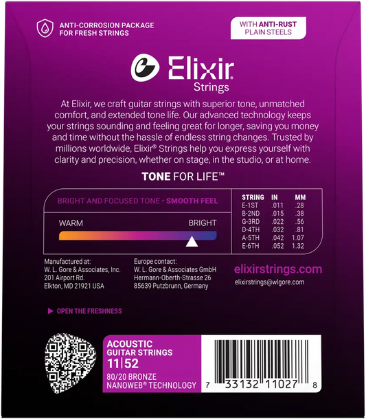 Elixir Nanoweb 80/20 Bronze Acoustic Guitar Strings E11027 Custom Light (11-52)
