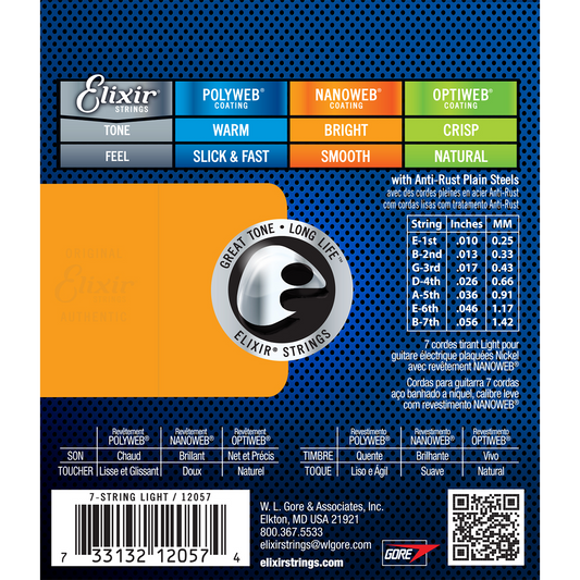 Elixir E12057 Nanoweb Nickel Plated Steel 7 String Set - Light 10-56