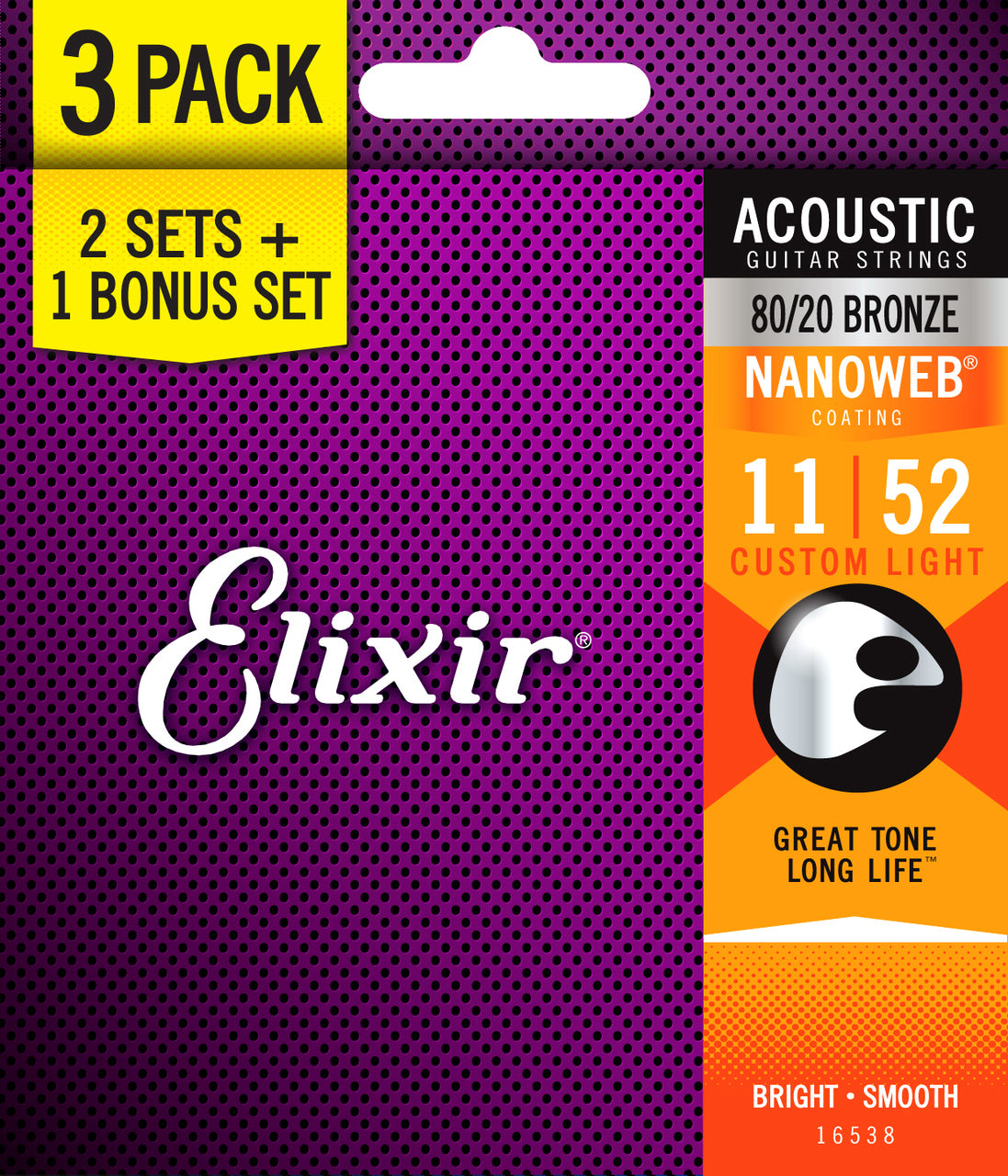 Elixir 16538 Nanoweb 80/20 Acoustic Guitar Strings - 11-52 3 Pack Custom Light - 3 packs for 2!