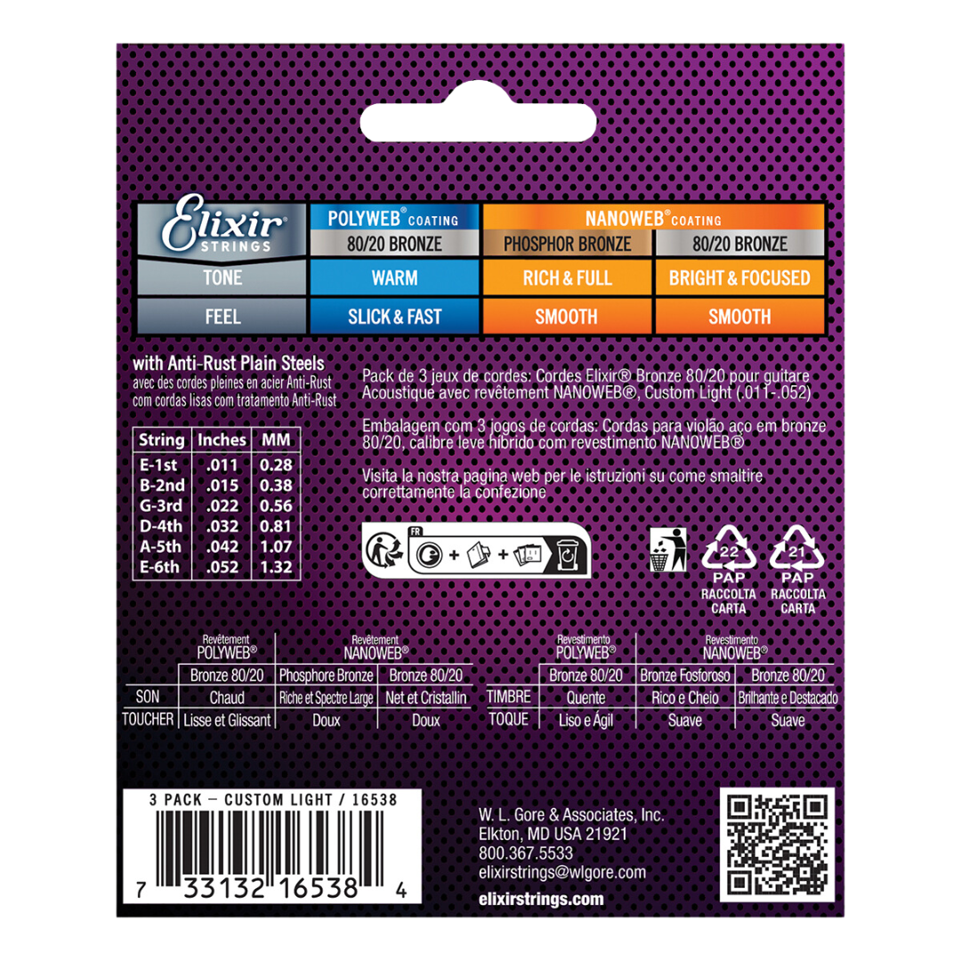 Elixir Nanoweb 80/20 Bronze Acoustic Guitar Strings (3 Pack) E16538 Custom Light (11-52)