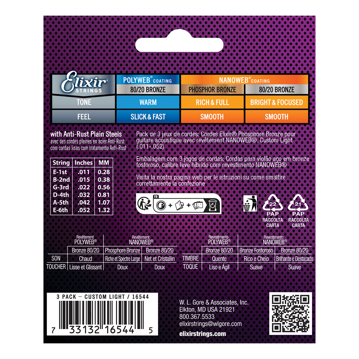 Elixir Nanoweb Phosphor Bronze Acoustic Guitar Strings (3 Pack) E16544 Custom Light (11-52)