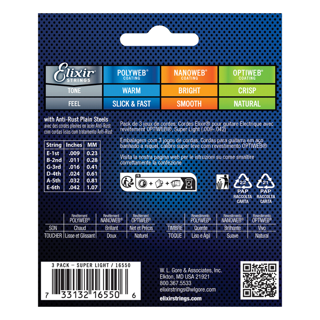 Elixir E16550 9-42 Optiweb Nickel Plated Steel Electric Guitar Strings (3 Pack)