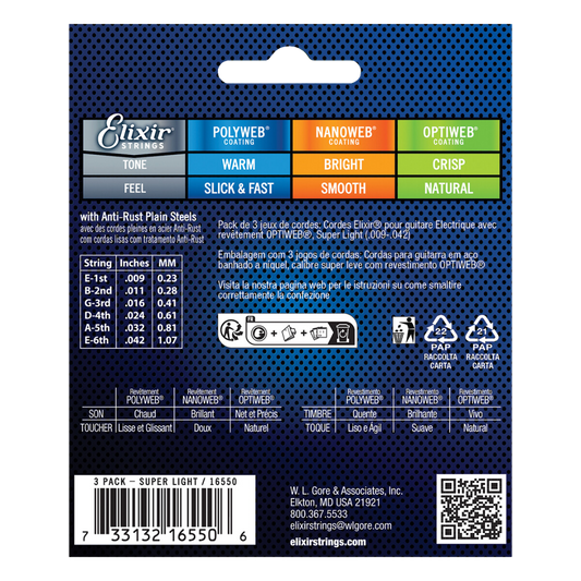 Elixir E16550 9-42 Optiweb Nickel Plated Steel Electric Guitar Strings (3 Pack)