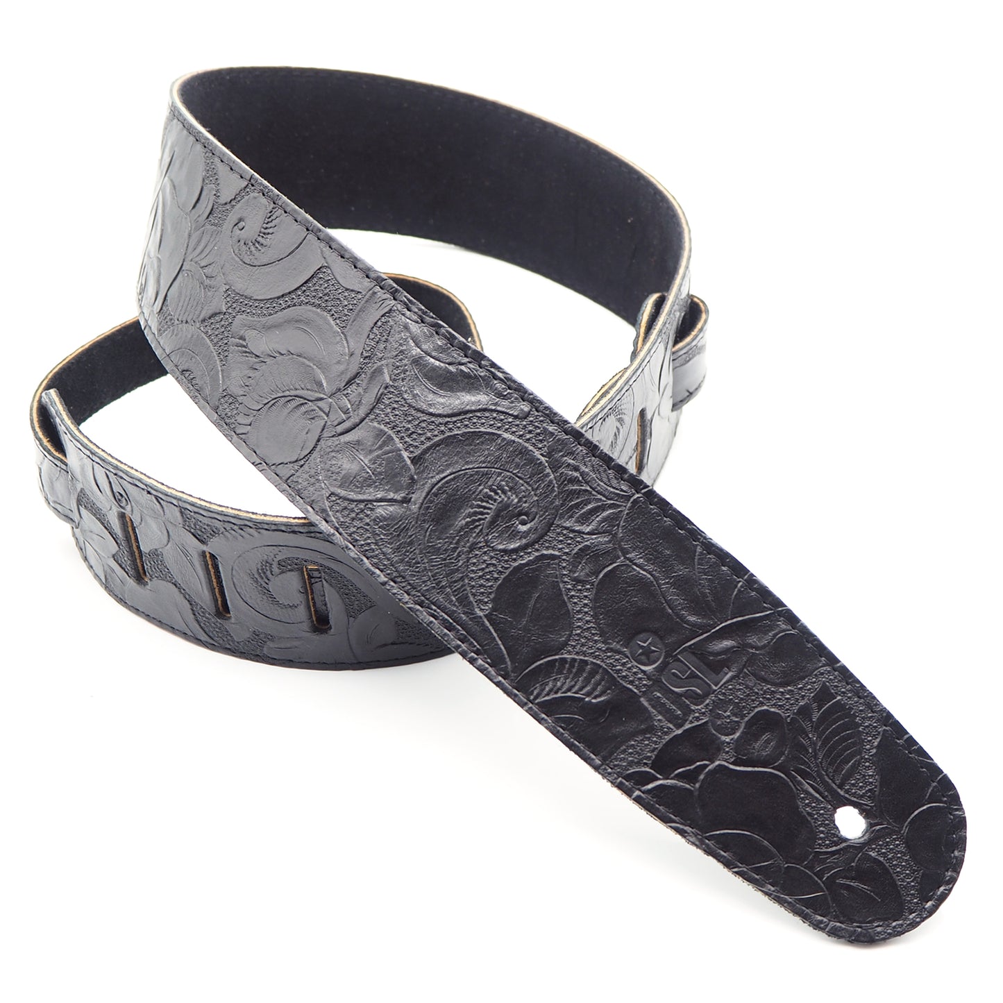 DSL FJ25-BLACK Black Flower Embossed 2.5" Leather Guitar Strap