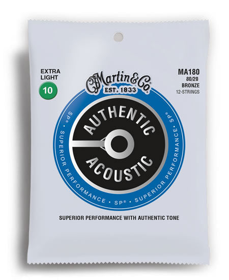 Martin MA180 Authentic Acoustic SP 80/20 Bronze Extra Light 12 String Acoustic Guitar String Set (10-47)