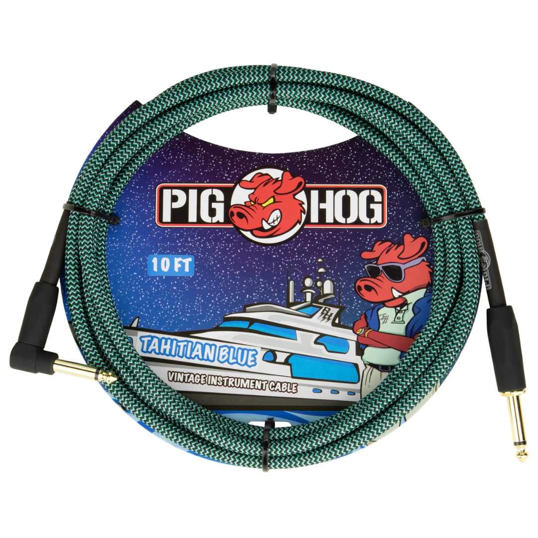 Pig Hog PCH10TABR 10ft Straight/Right Angle Braided Instrument Cable in Tahitian Blue