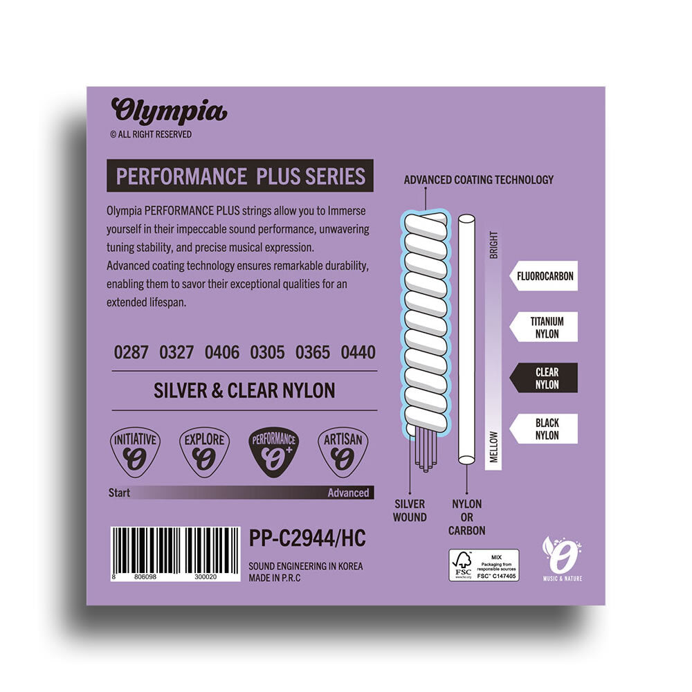 Olympia OLPPC2944HC Performance Plus Series Coated Classical Nylon/Silver Hard Tension String Set (29-44)