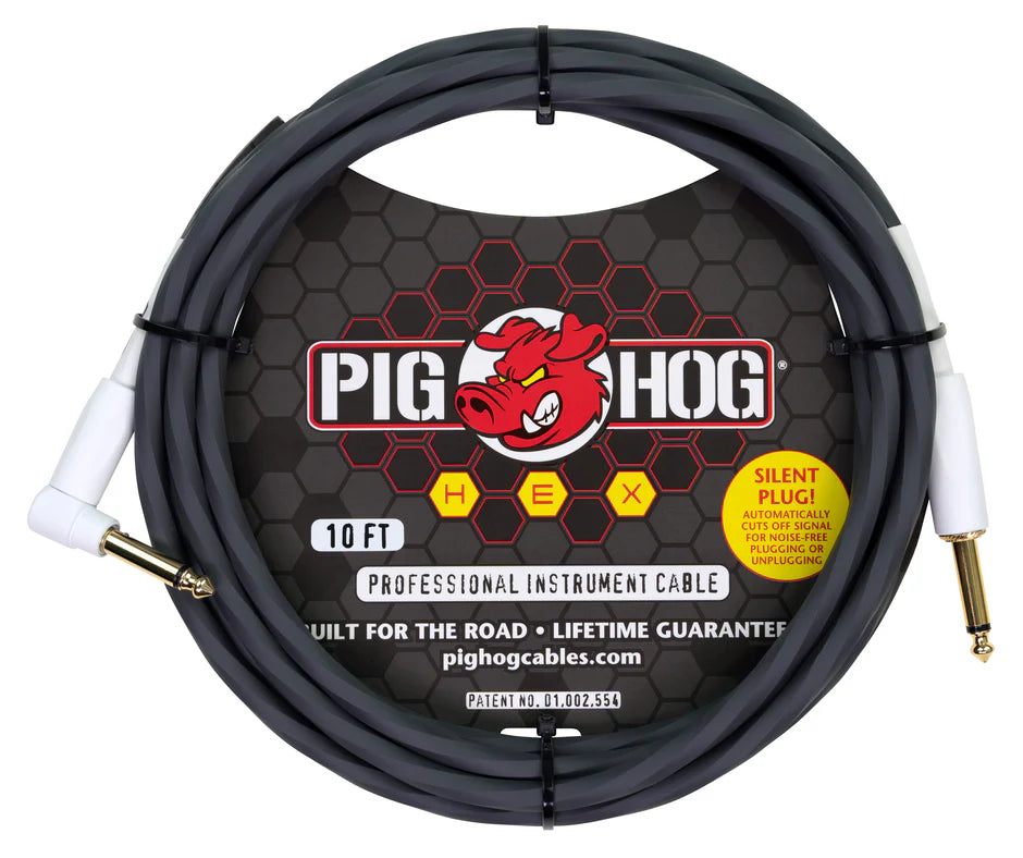 PIG HOG PHSH10GRR Hex Series Silent Instrument Cable 10 ft Grey, Right Angle