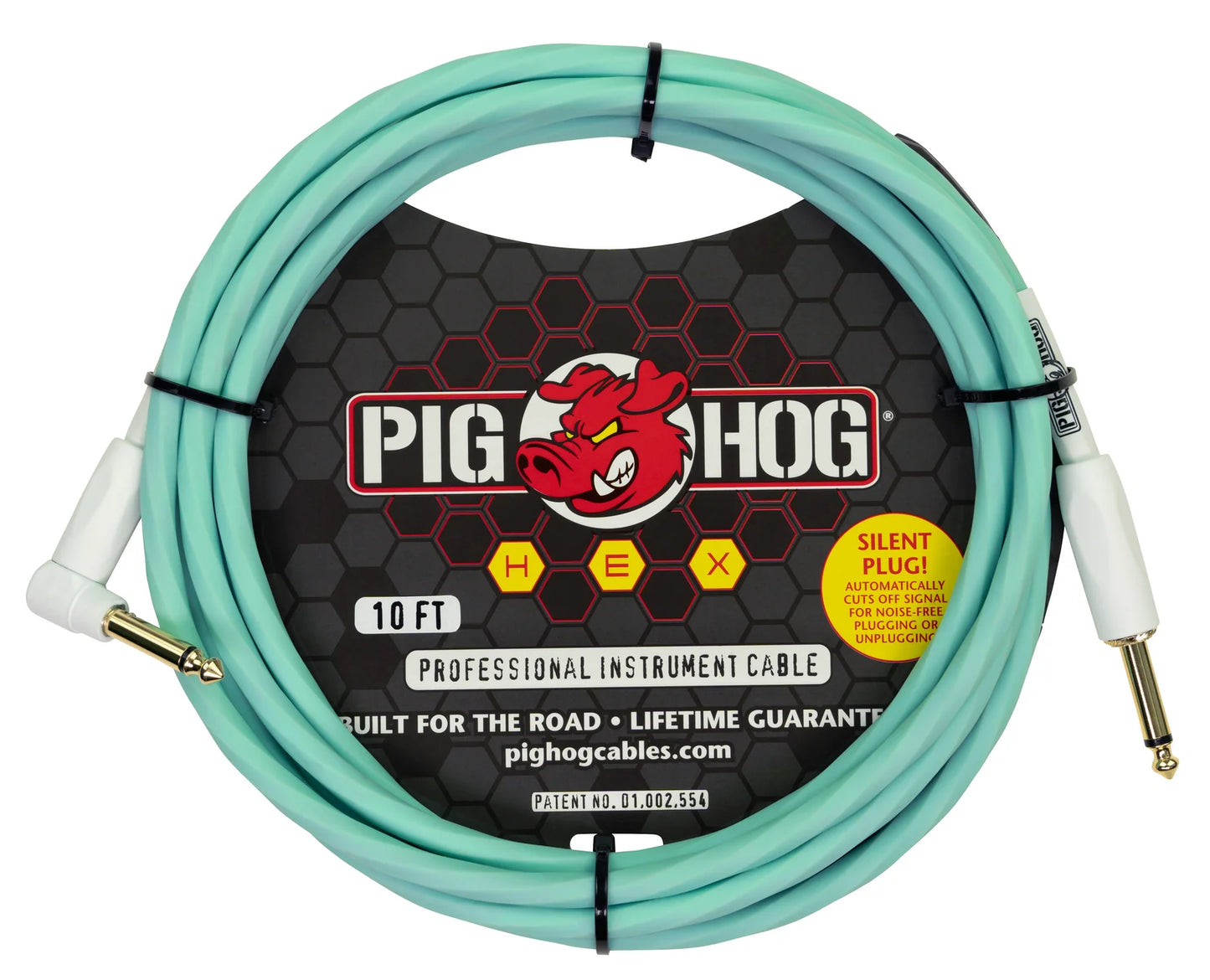 Pig Hog PHSH10SGR Hex Series Silent Instrument Cable 10 ft Seafoam Green, Right Angle