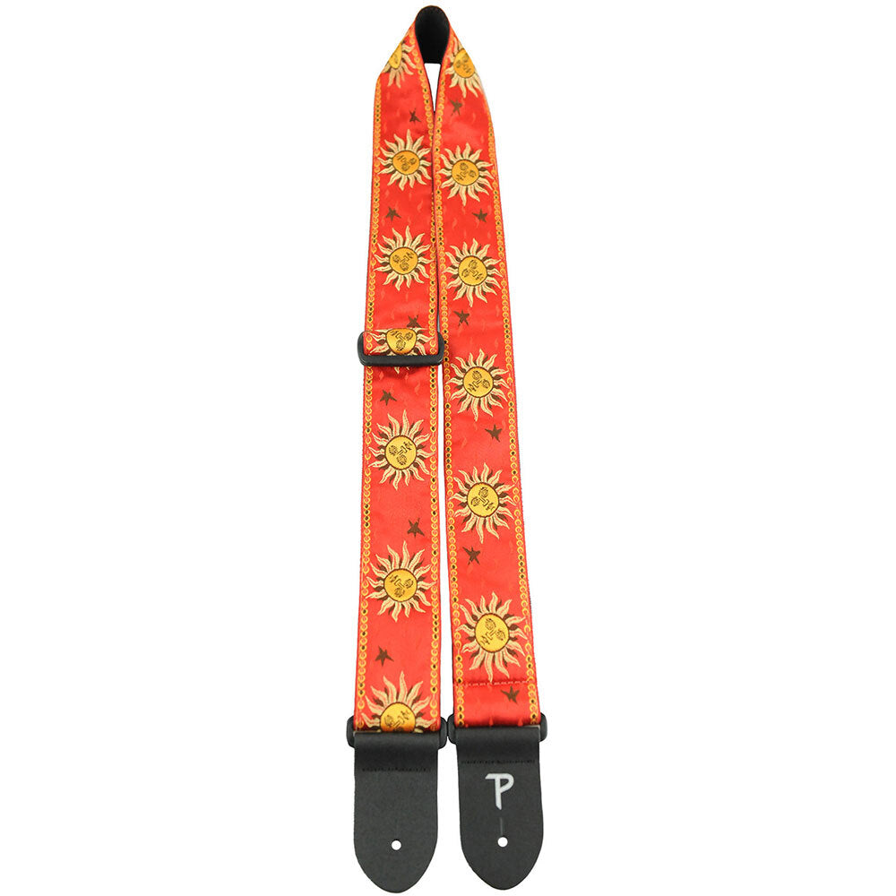 Perris PS7010 2" Jacquard Guitar Strap with "Suns on Red" Design & Leather ends