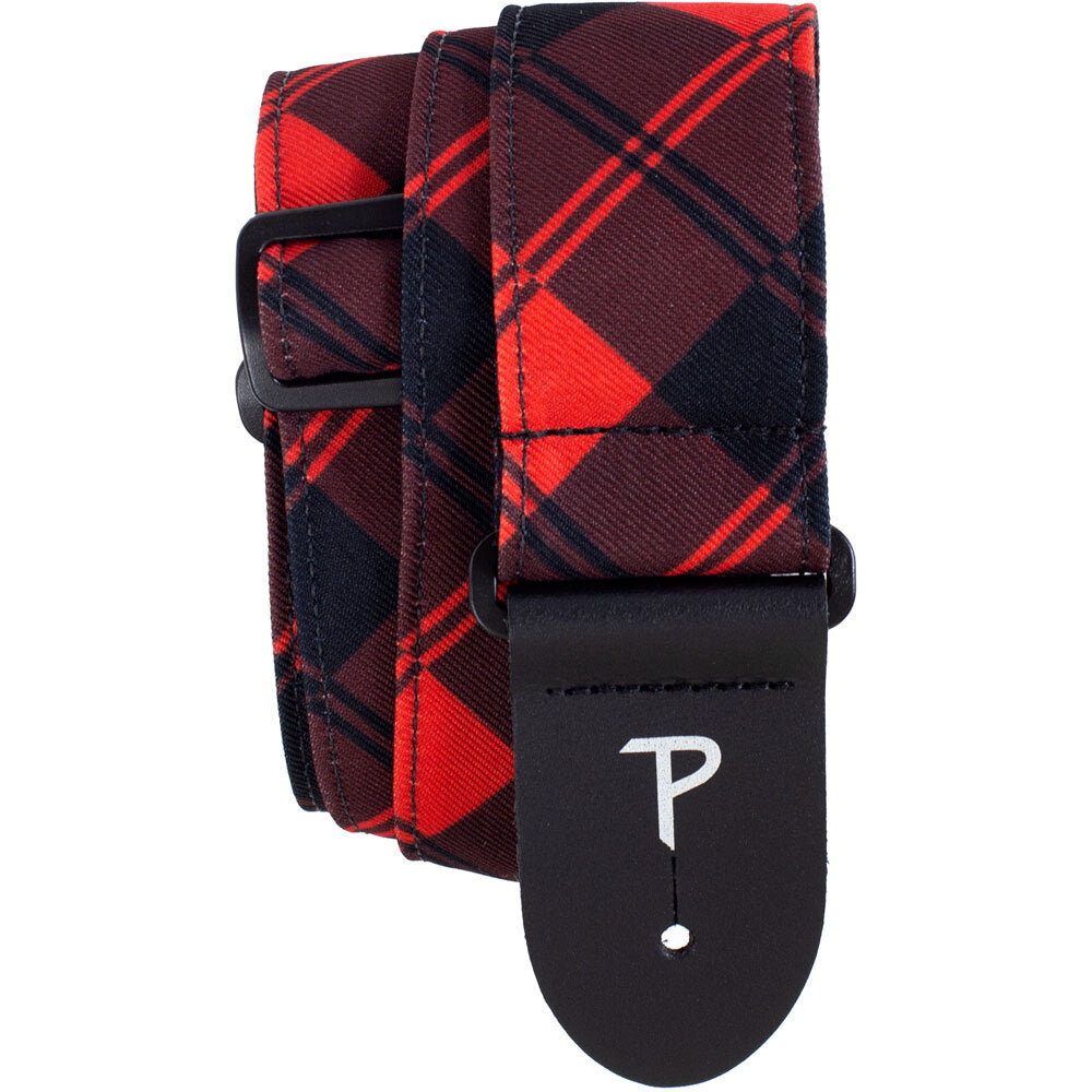 Perris PS7643 2" Dye-Sub Poplin Fabric "Red/Black Plaid" design Guitar Strap with Leather ends