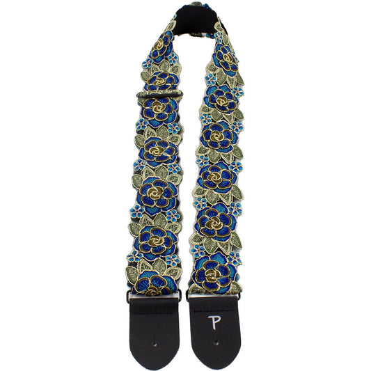 Perris PS7680 2" Stitched 3D Lace Ribbon Guitar Strap in Blue & Gold Floral Design
