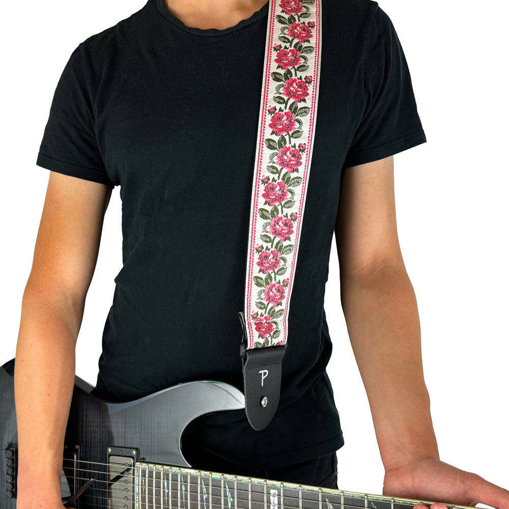 Perris PS7797 2.5" Jacquard Guitar Strap with "Red Roses on White" Design & Leather ends