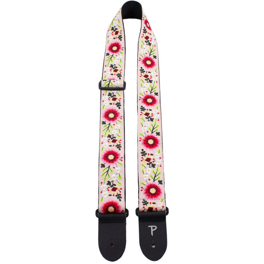 Perris PS7800 2" Jacquard Guitar Strap with "Pink Floral Embroidery" Design & Leather ends