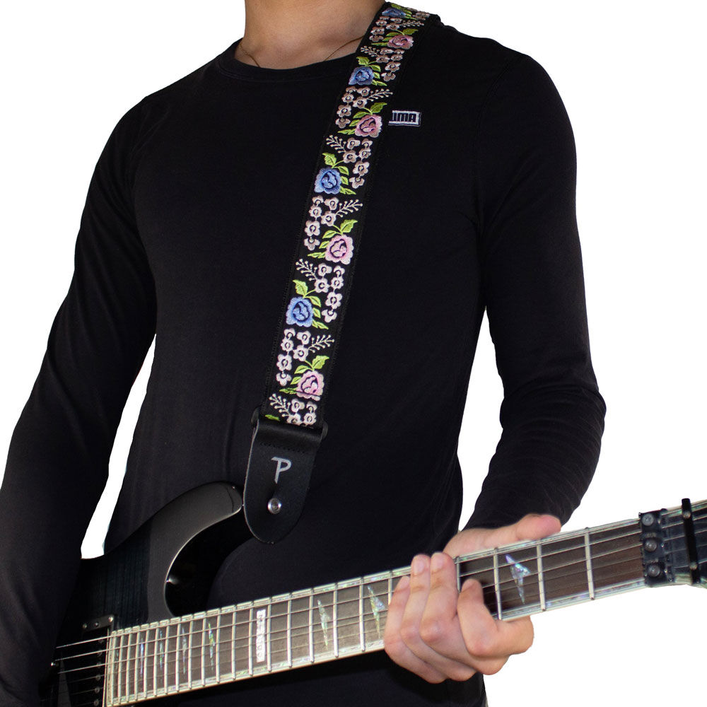Perris PS7801 2" Jacquard Guitar Strap with "Black Floral Trail Embroidery" Design & Leather ends