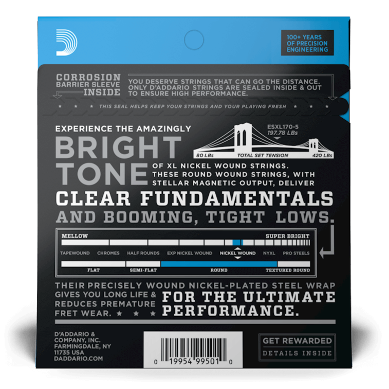 D'Addario XL170-5 XL Nickel Wound 5-String Electric Bass Strings (45-130)