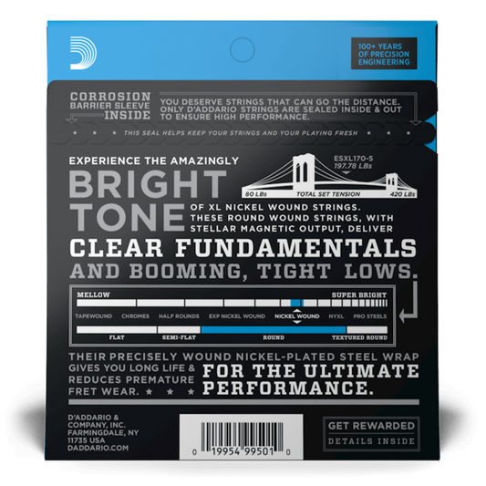 D'Addario XL170-5 XL Nickel Wound 5-String Electric Bass Strings (45-130)