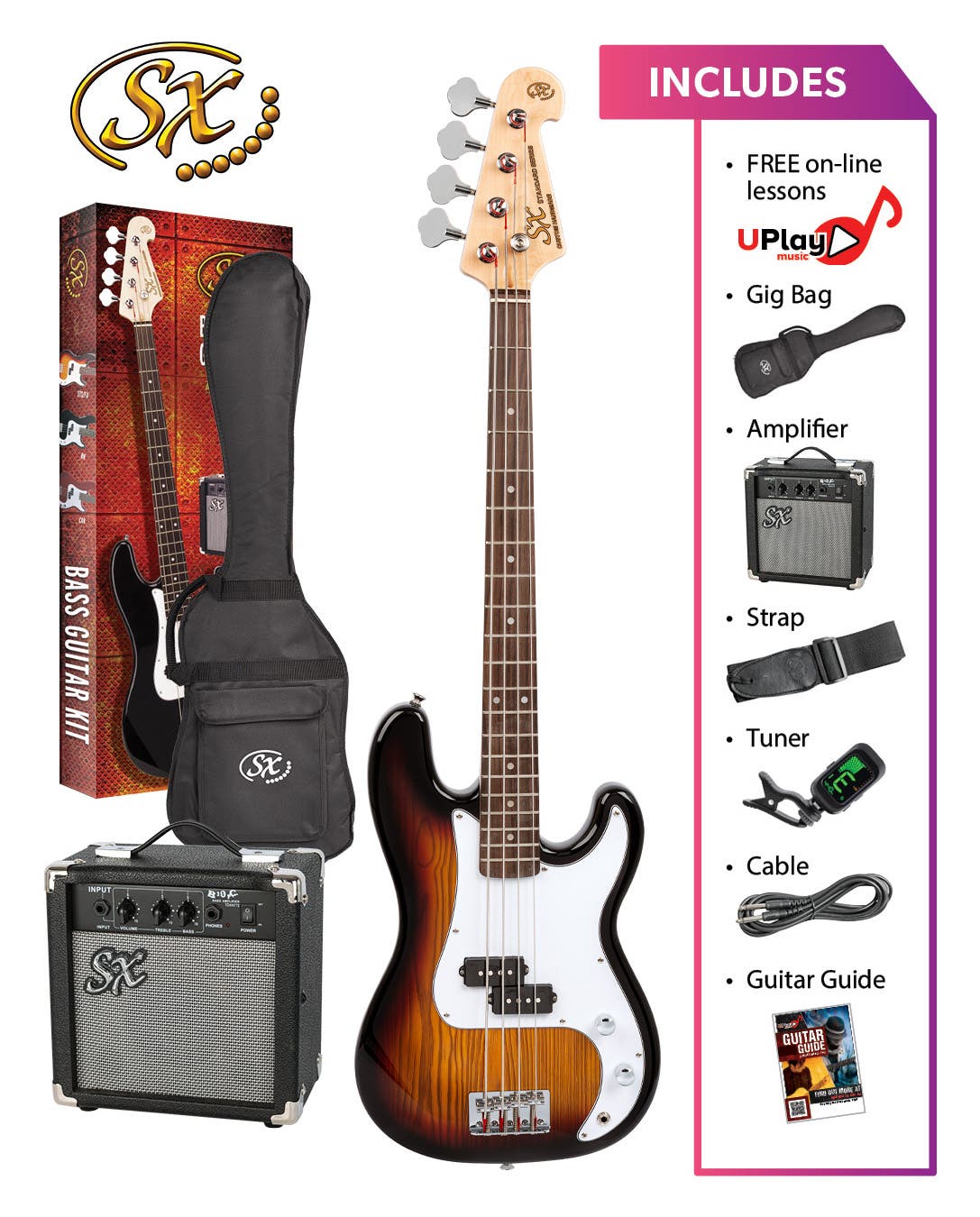 SX SB2SKTS Precision-Style Full-Sized Right-Handed Bass Guitar Pack in 3-Tone Sunburst