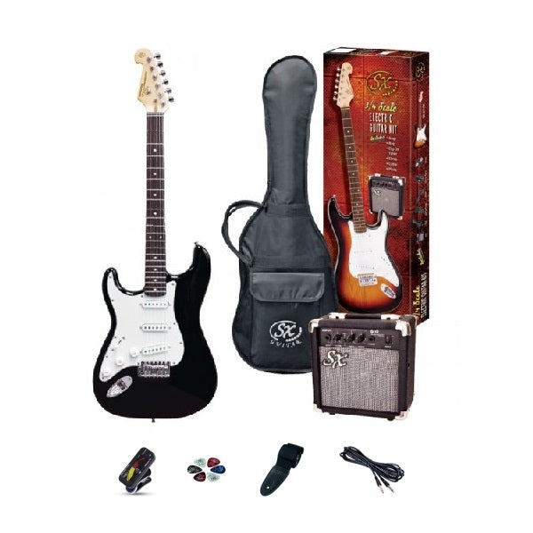 SX SE1SK34LHB 3/4 Stratocaster Left-Handed Electric Guitar & Amp Pack in Black