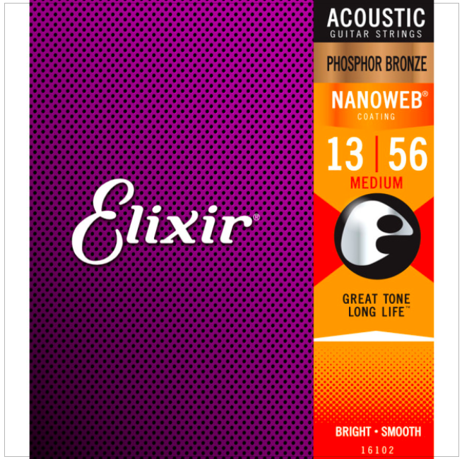 Elixir Nanoweb Phosphor Bronze Acoustic Guitar Strings 16102 Medium (13-56)