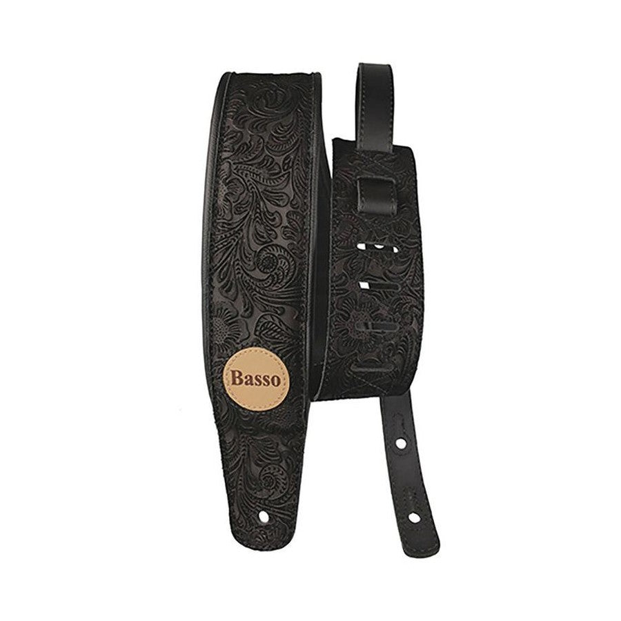 Basso VTSL52 Floral Embossed Black Leather Guitar Strap