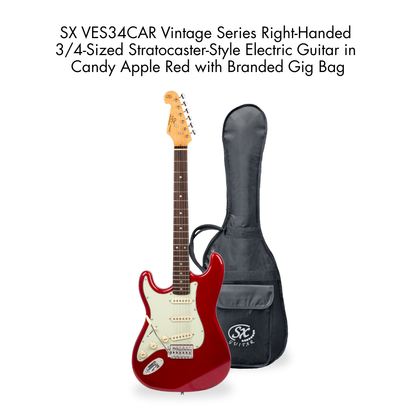 Southside Pack: SX VES34CAR 3/4-Sized Right-Handed Strat-Style Electric Guitar in Candy Apple Red