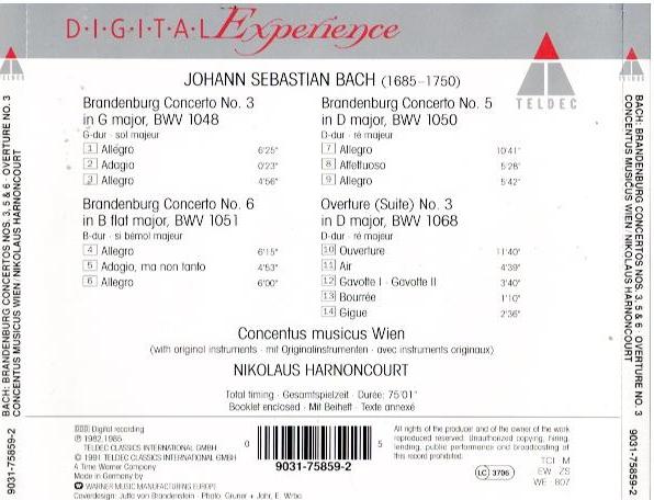 Bach: Concentus Musicus Wien / Nikolaus Harnoncourt – Brandenburg Concertos Nos. 3, 5 & 6 · Overture No. 3 (CD)