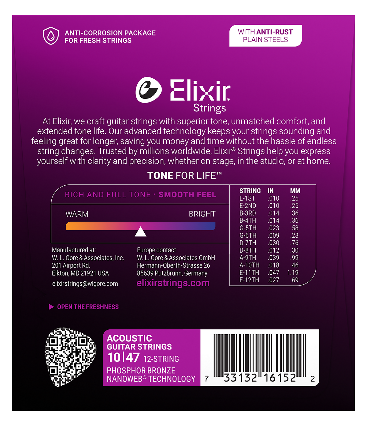 Elixir E16152 Nanoweb Phosphor Bronze Acoustic 12 String Guitar Set - Light 10-47