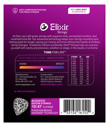 Elixir E16152 Nanoweb Phosphor Bronze Acoustic 12 String Guitar Set - Light 10-47