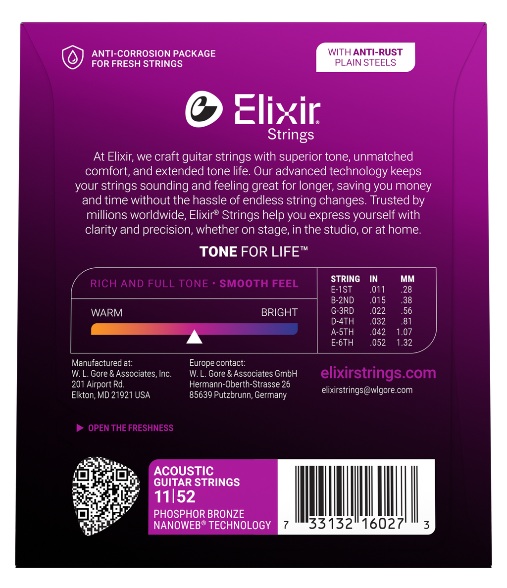 Elixir Nanoweb Phosphor Bronze Acoustic Guitar Strings E16027 Custom Light (11-52)