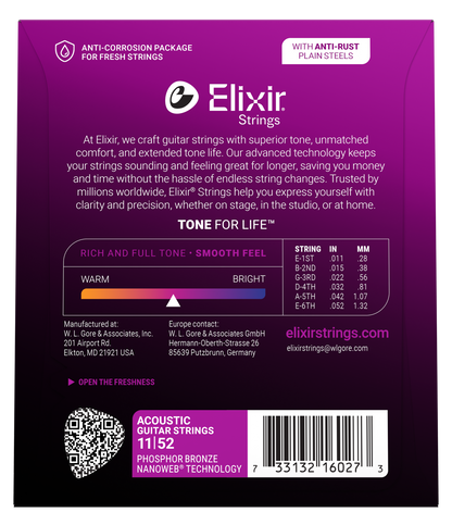 Elixir Nanoweb Phosphor Bronze Acoustic Guitar Strings E16027 Custom Light (11-52)