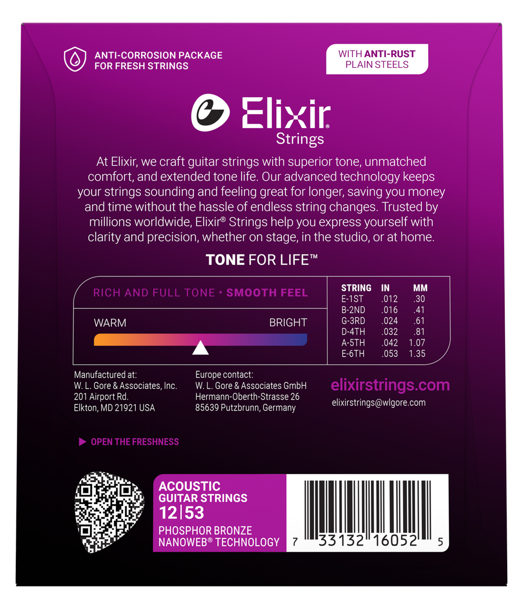 Elixir Nanoweb Phosphor Bronze Acoustic Guitar Strings E16052 Light (12-53)