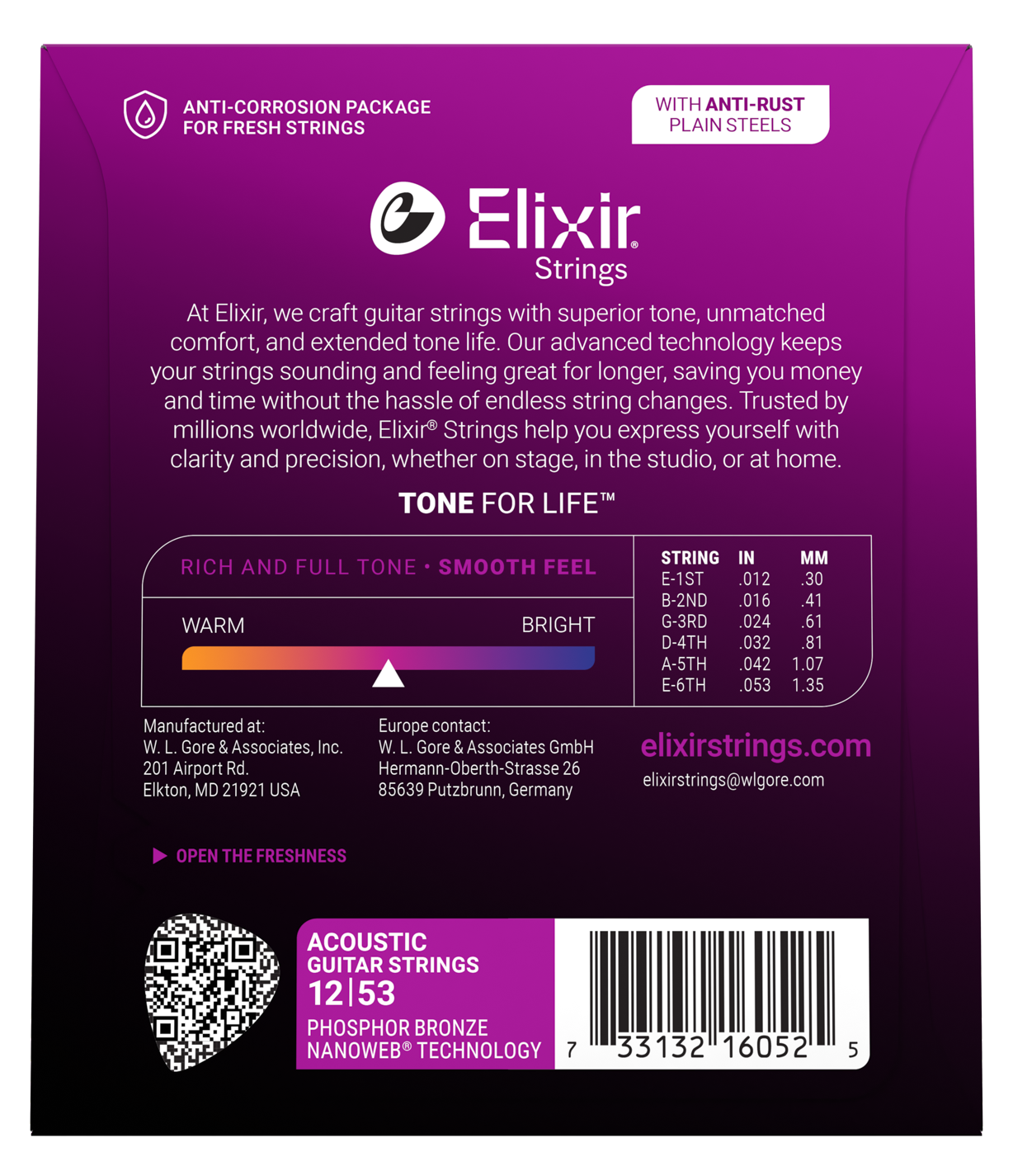 Elixir Nanoweb Phosphor Bronze Acoustic Guitar Strings E16052 Light (12-53)