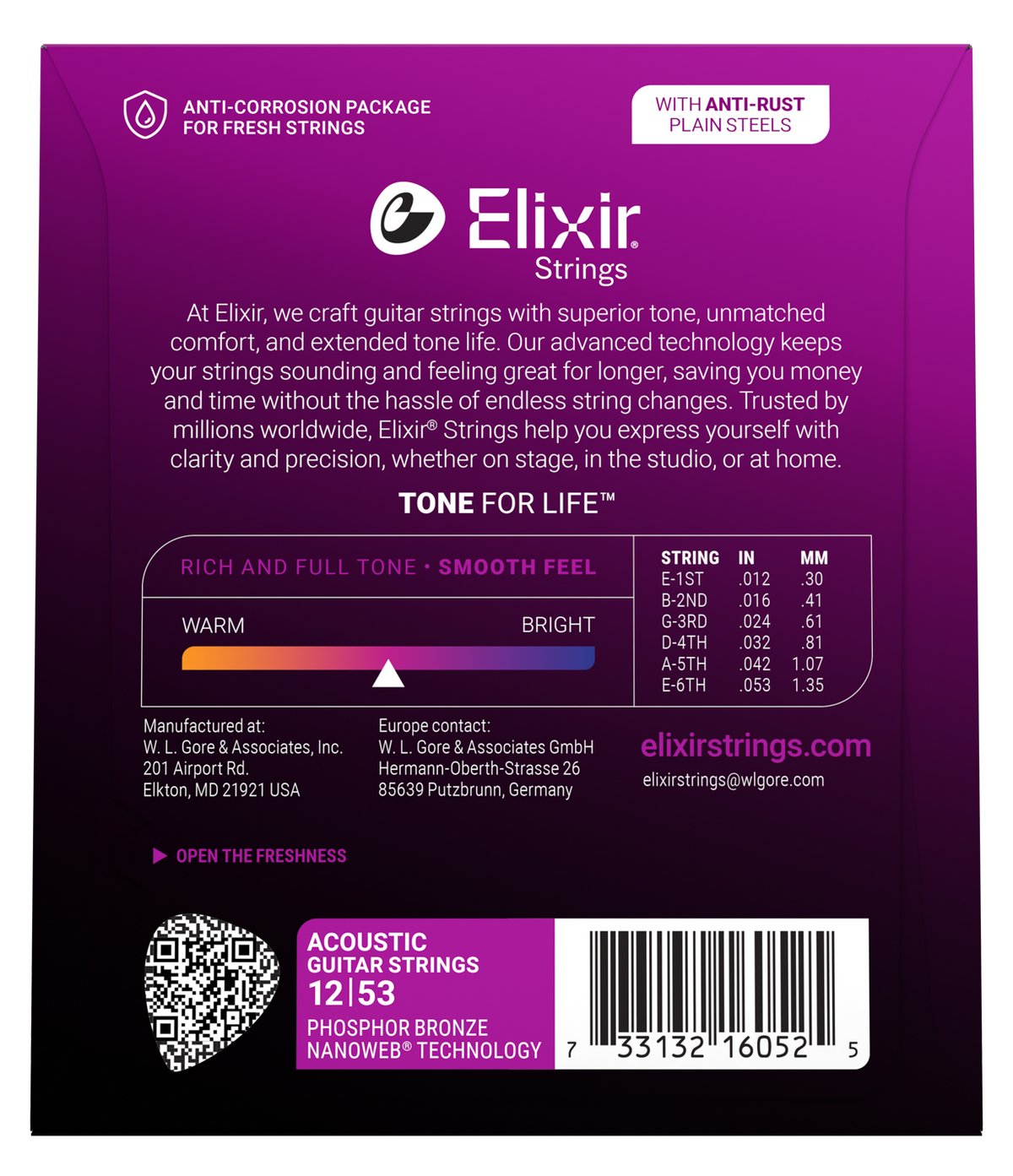 Elixir Nanoweb Phosphor Bronze Acoustic Guitar Strings E16052 Light (12-53)