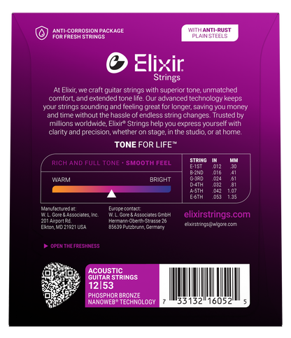 Elixir Nanoweb Phosphor Bronze Acoustic Guitar Strings E16052 Light (12-53)