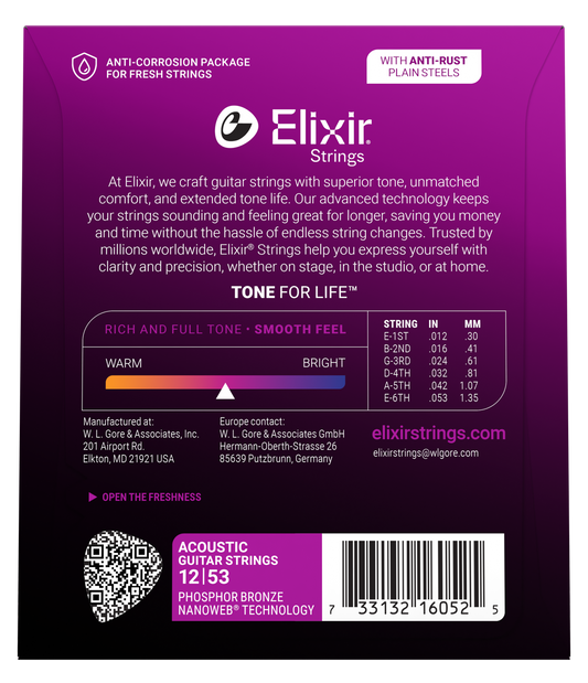 Elixir Nanoweb Phosphor Bronze Acoustic Guitar Strings E16052 Light (12-53)