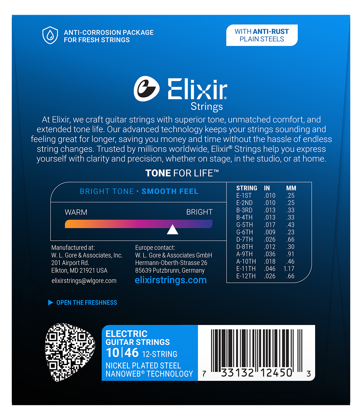 Elixir E12450 Nanoweb Nickel Plated 12 String Electric Set - Light 10-46