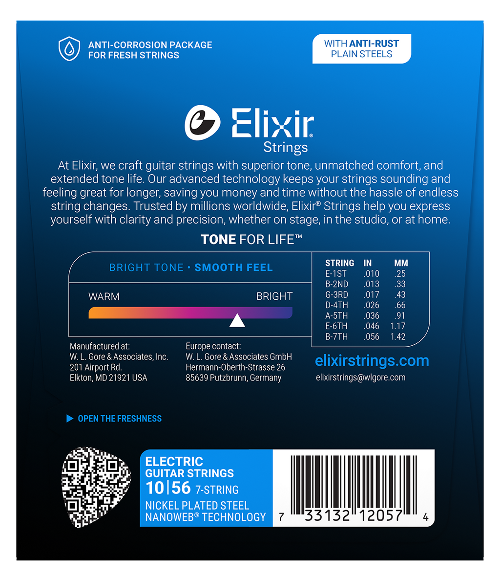 Elixir E12057 Nanoweb Nickel Plated Steel 7 String Set - Light 10-56