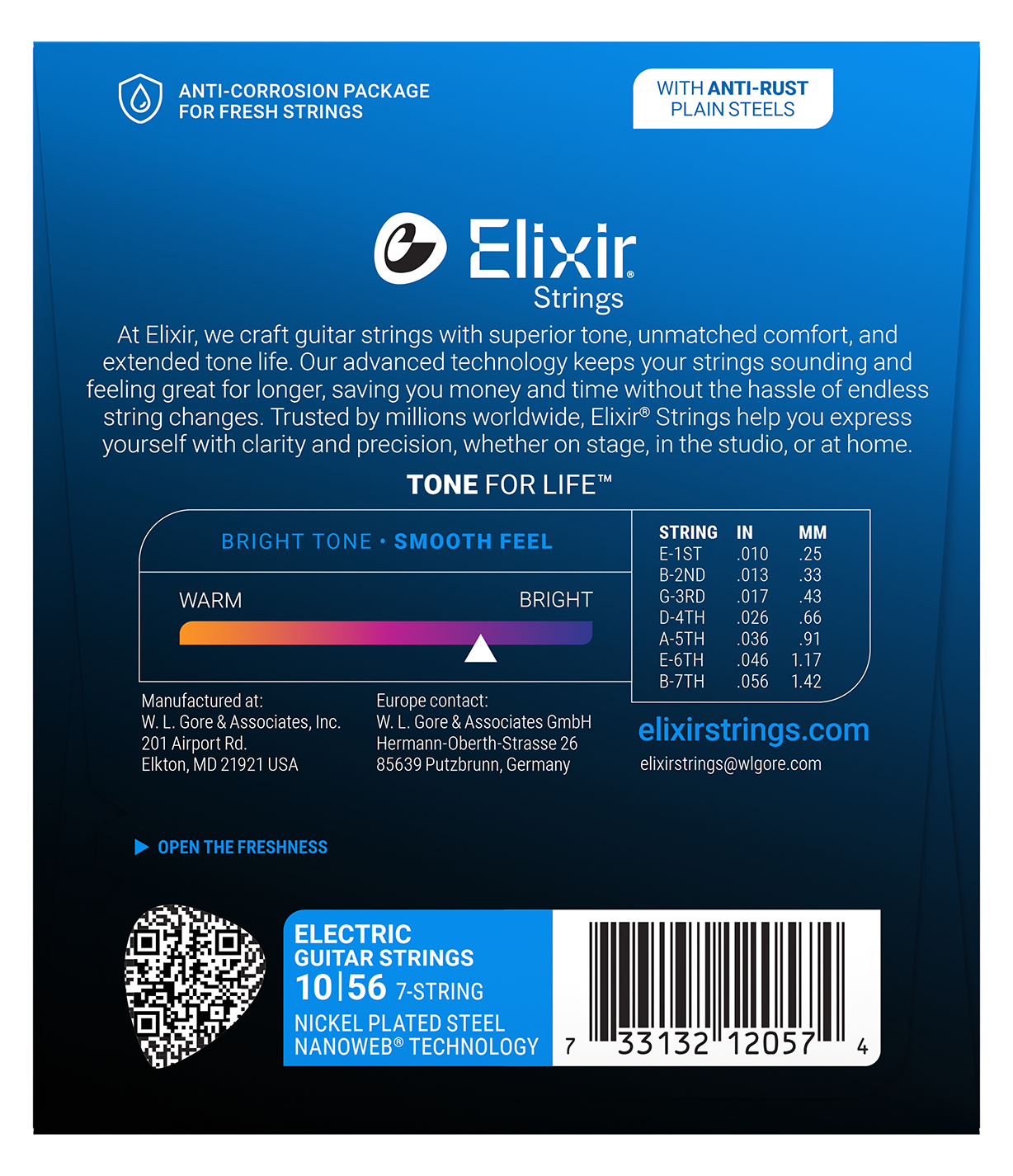Elixir E12057 Nanoweb Nickel Plated Steel 7 String Set - Light 10-56