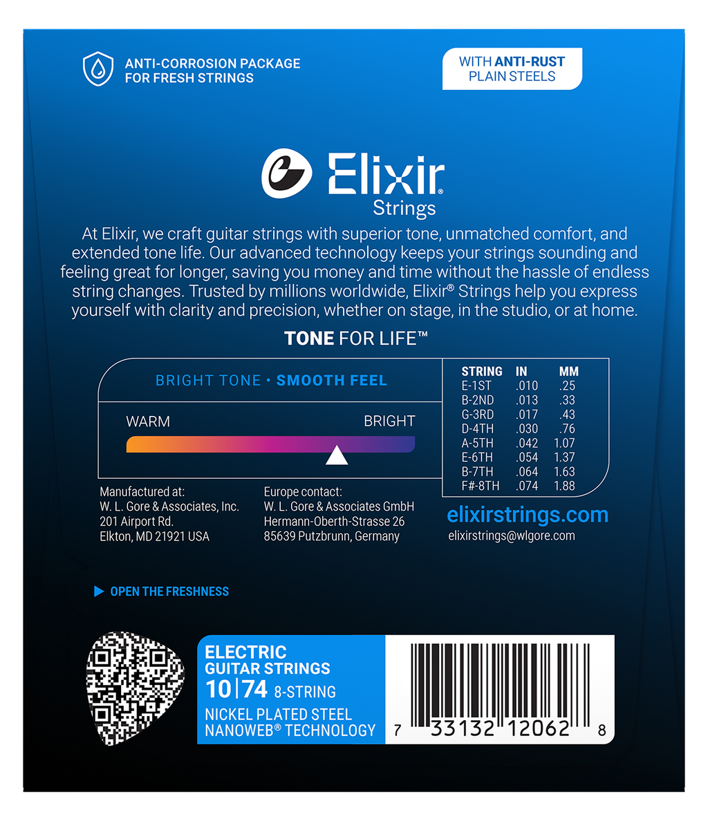 Elixir E12062 Nanoweb Nickel Plated Steel 8 String Electric Guitar Set - Light 10-74