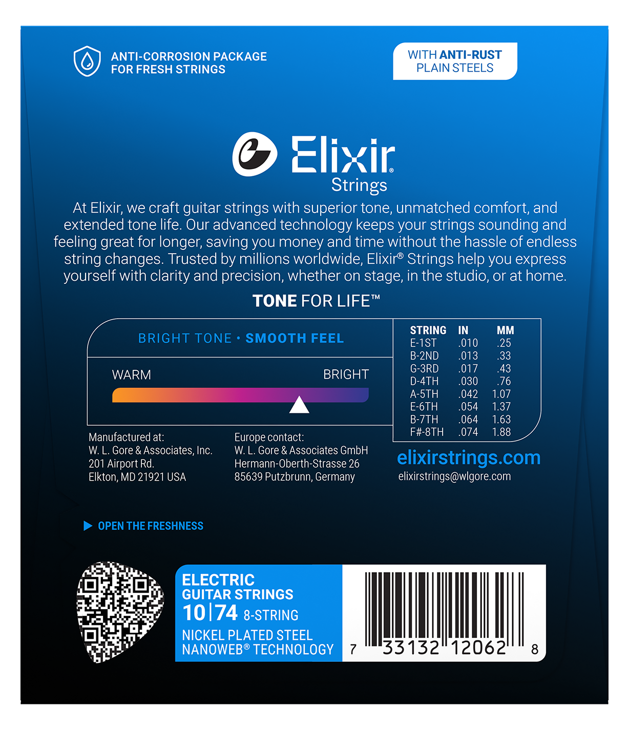 Elixir E12062 Nanoweb Nickel Plated Steel 8 String Electric Guitar Set - Light 10-74