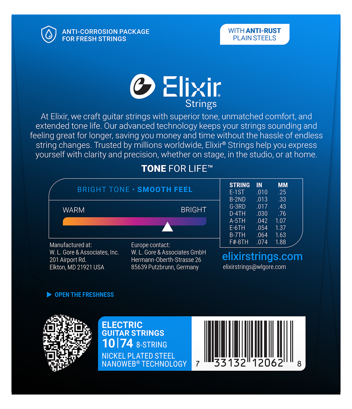 Elixir E12062 Nanoweb Nickel Plated Steel 8 String Electric Guitar Set - Light 10-74