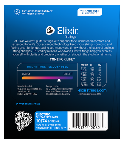 Elixir E12062 Nanoweb Nickel Plated Steel 8 String Electric Guitar Set - Light 10-74