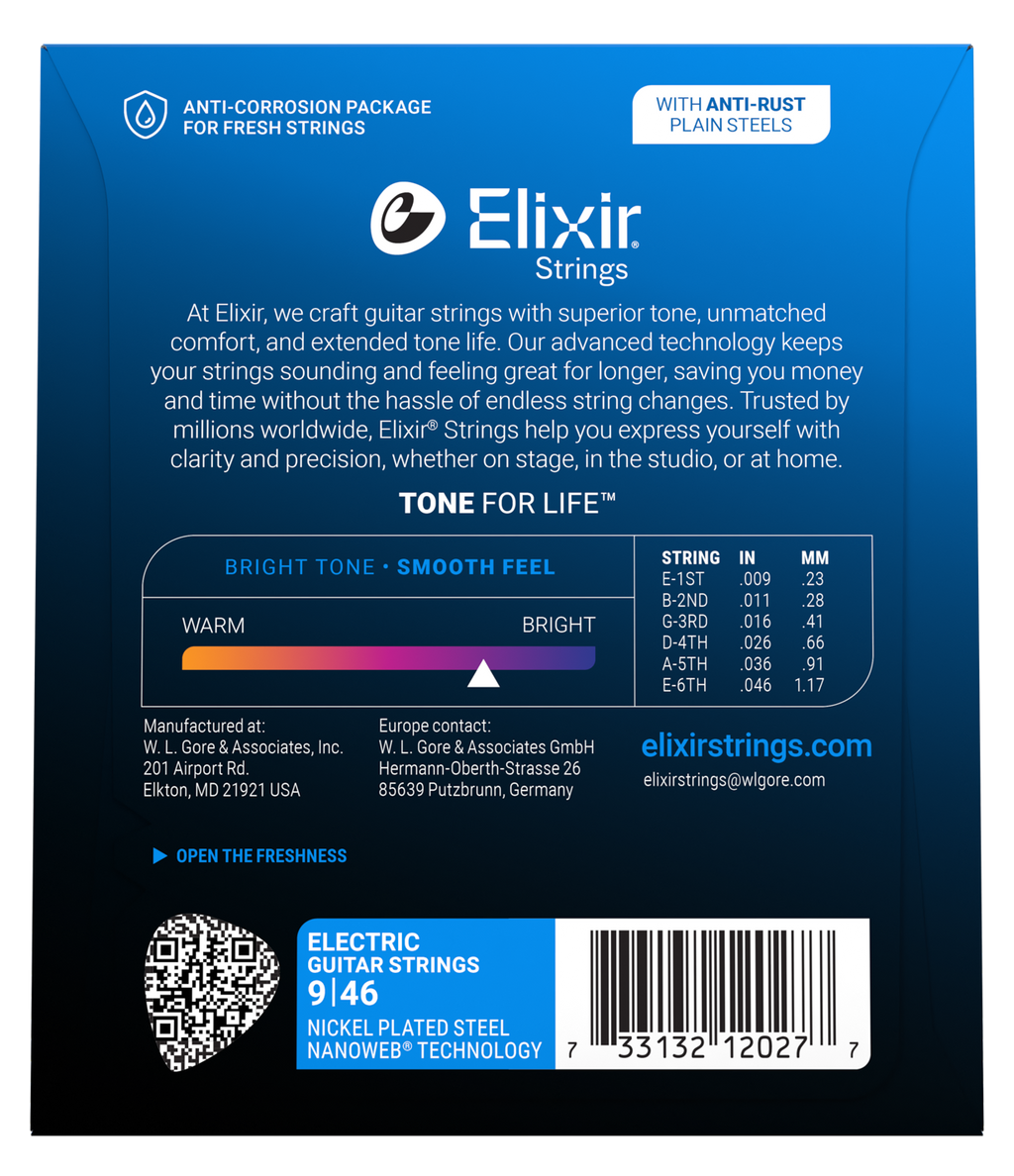 Elixir Nanoweb Nickel Plated Steel Electric Guitar Strings E12027 Custom Light (9-46)